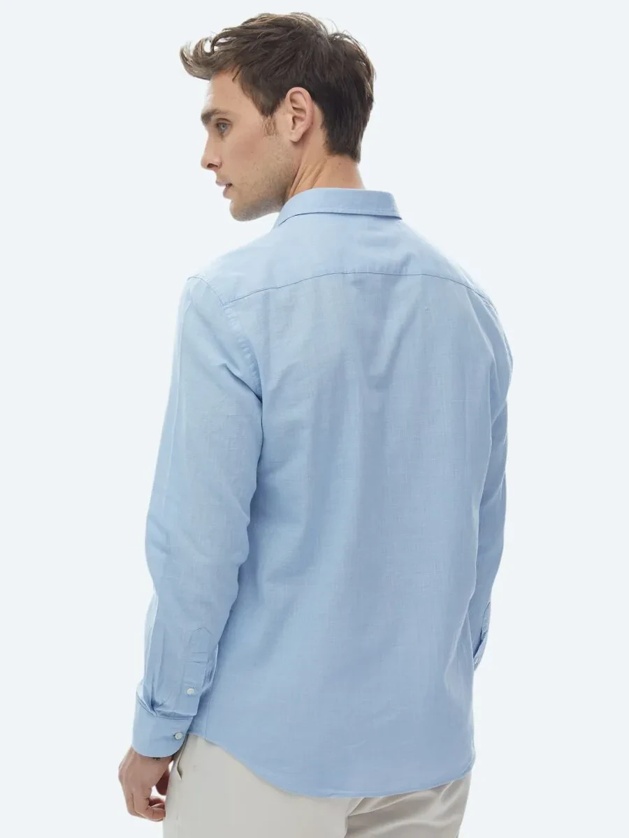 Blue Plain Regular Fit Weaving Casual 100% Cotton Shirt - 11