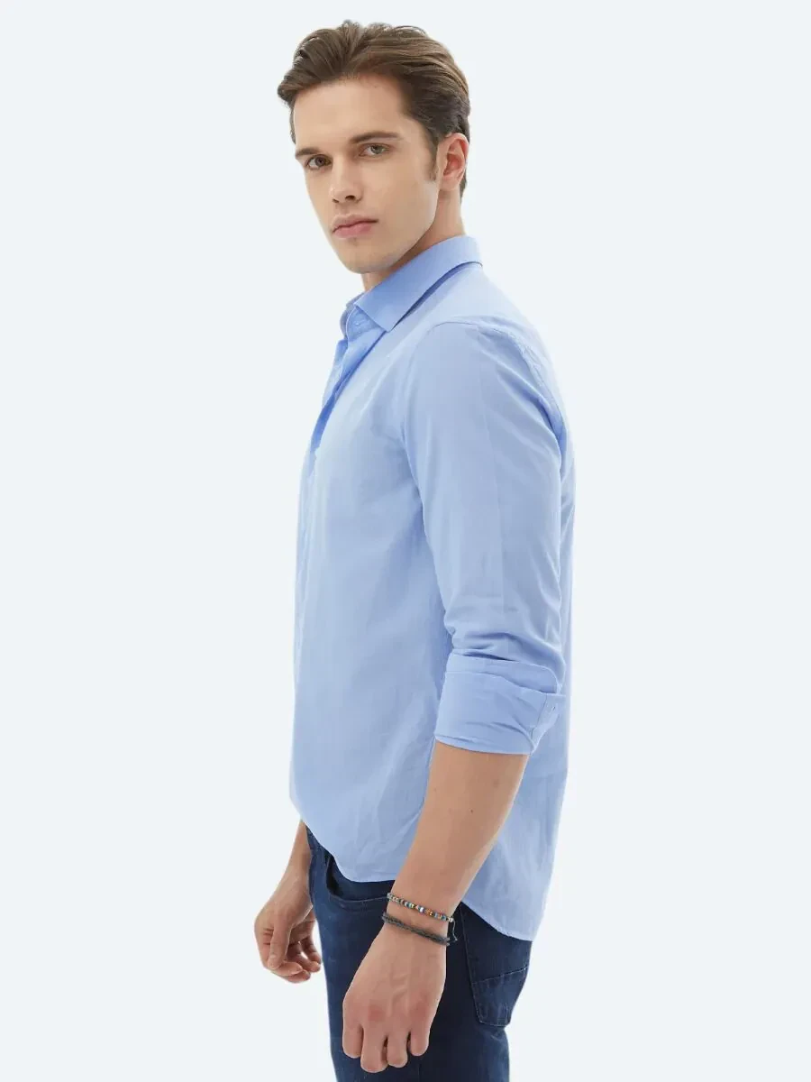 Blue Plain Regular Fit Weaving Casual 100% Cotton Shirt - 4