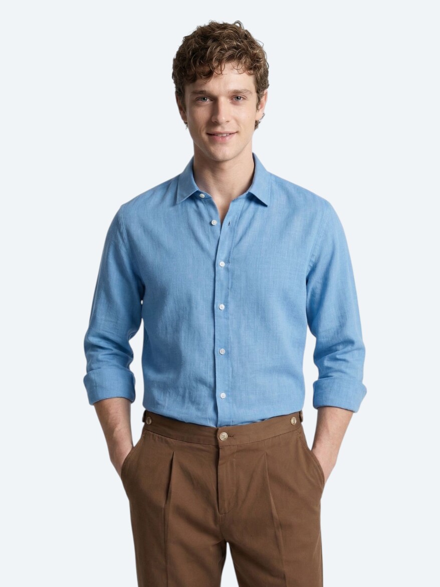 Blue Plain Regular Fit Weaving Casual 100% Cotton Shirt 