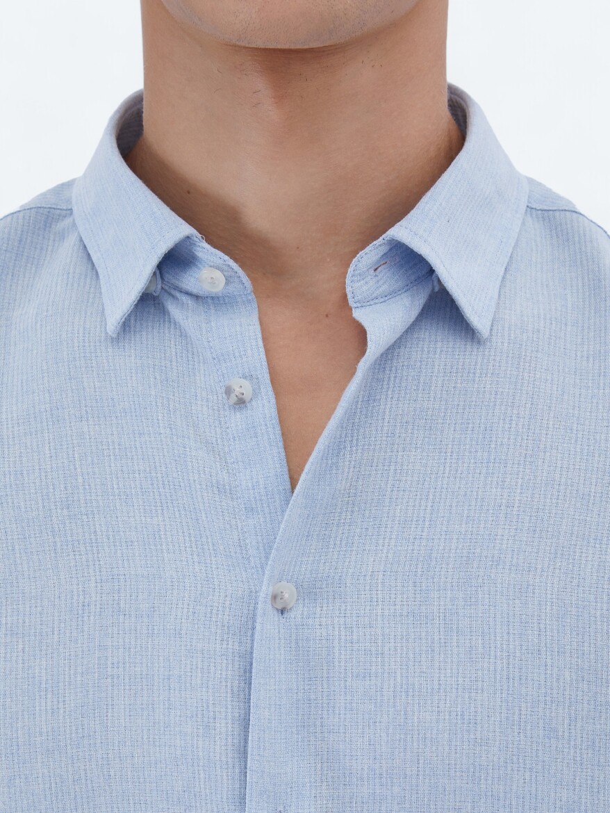 Blue Plain Regular Fit Weaving Casual Cotton Blended Shirt - 5