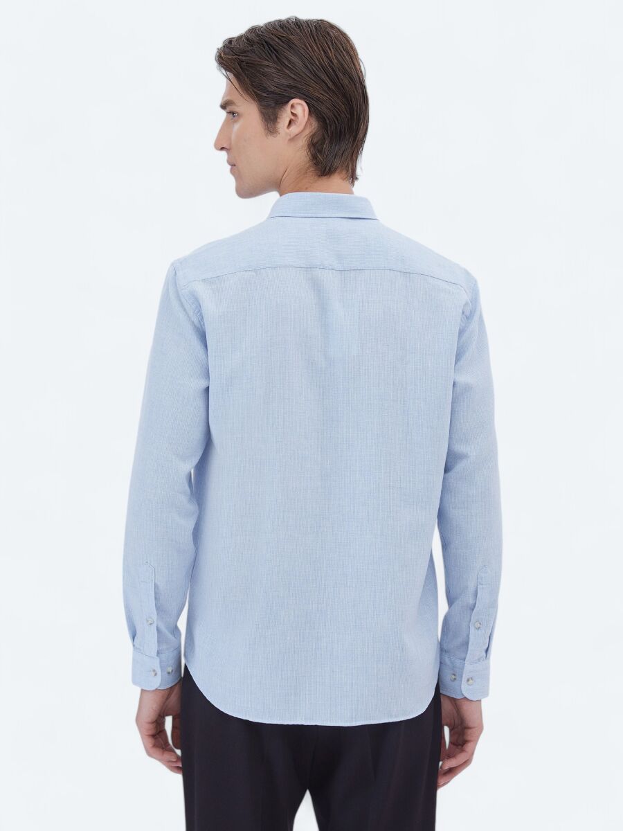 Blue Plain Regular Fit Weaving Casual Cotton Blended Shirt - 6