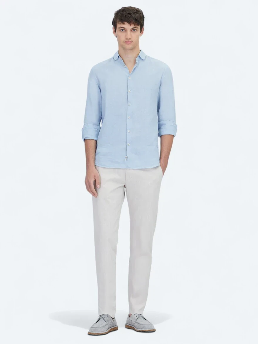 Blue Plain Regular Fit Weaving Casual Cotton Blended Shirt - 2