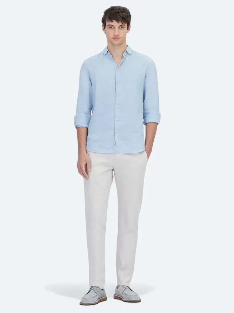 Blue Plain Regular Fit Weaving Casual Cotton Blended Shirt - 2