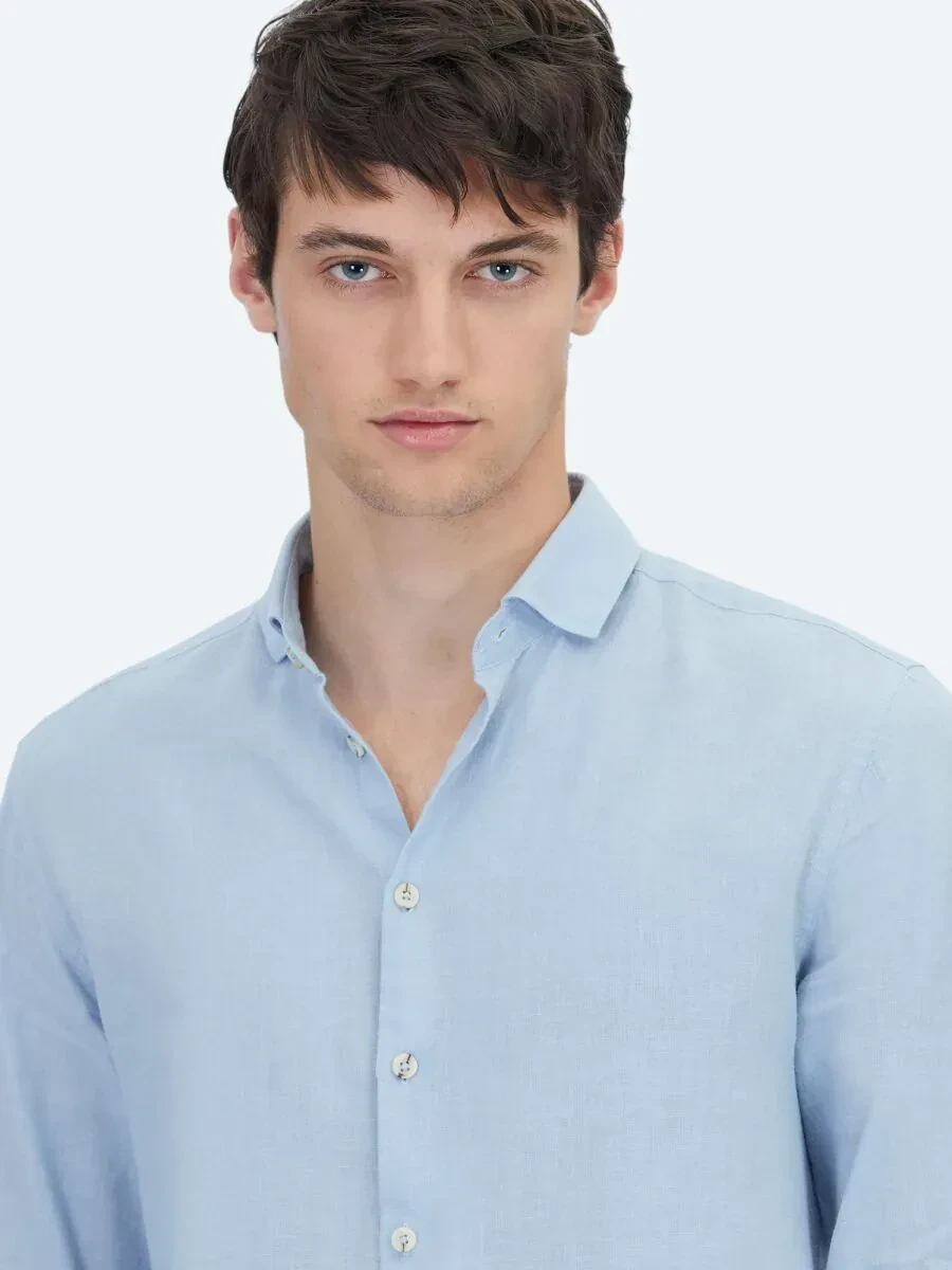 Blue Plain Regular Fit Weaving Casual Cotton Blended Shirt - 3