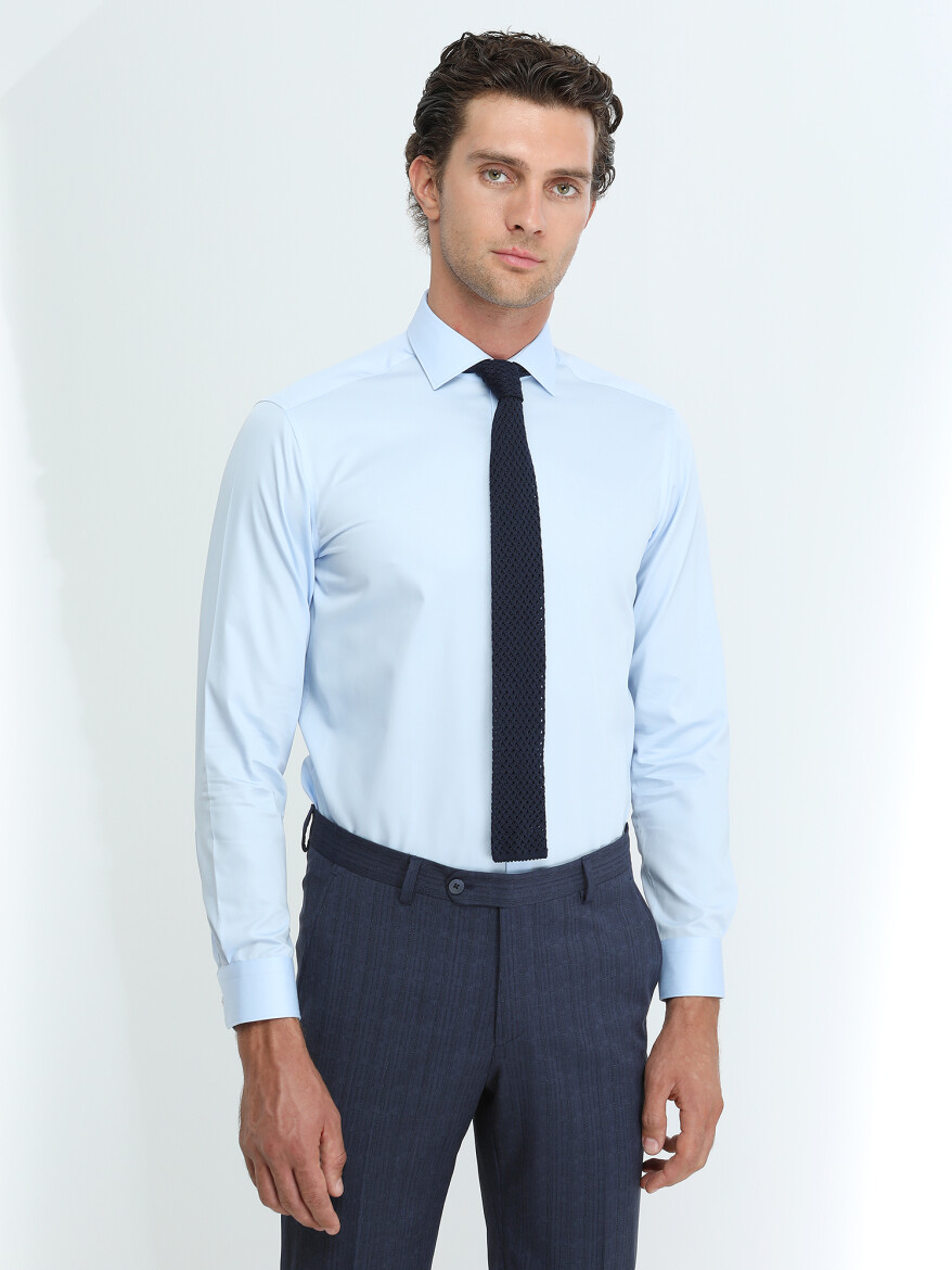 Blue Plain Regular Fit Weaving Classical 100% Cotton Shirt - 1