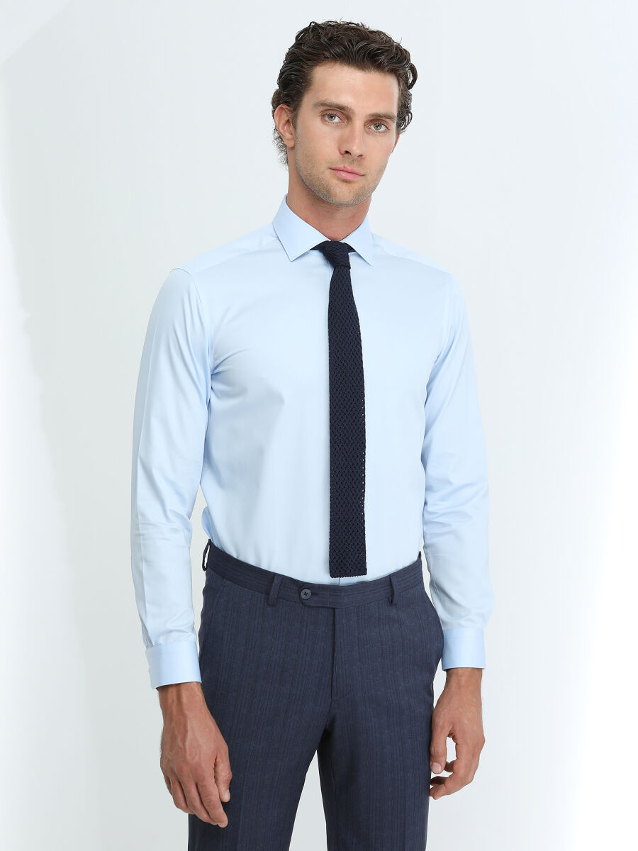 Blue Plain Regular Fit Weaving Classical 100% Cotton Shirt - 1