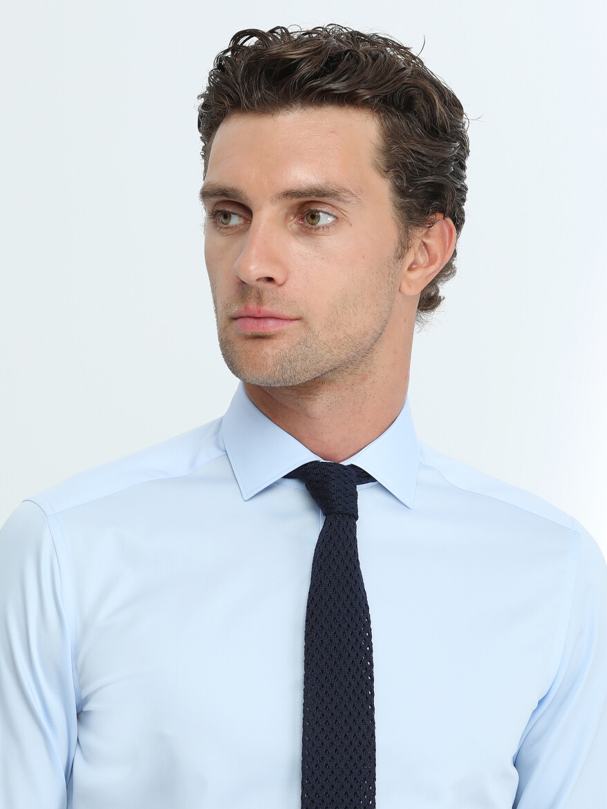 Blue Plain Regular Fit Weaving Classical 100% Cotton Shirt - 4