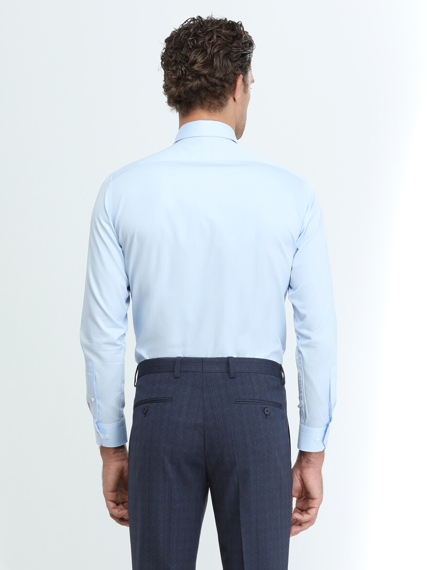 Blue Plain Regular Fit Weaving Classical 100% Cotton Shirt - 5