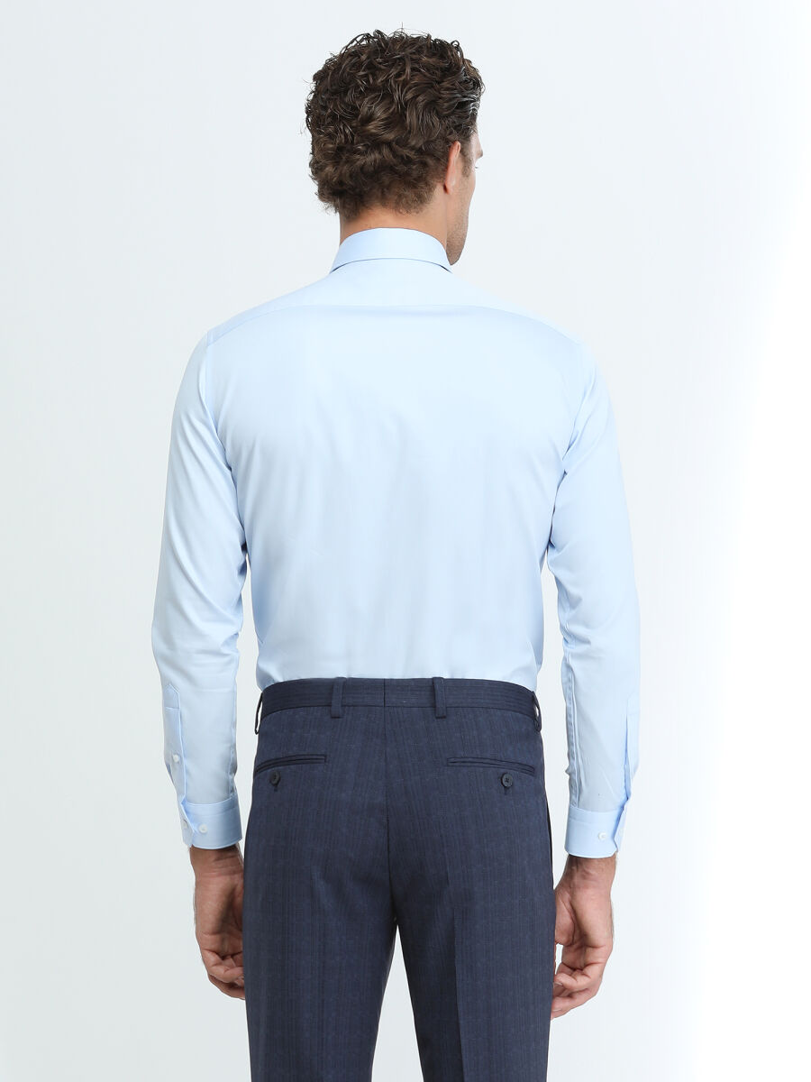 Blue Plain Regular Fit Weaving Classical 100% Cotton Shirt - 5