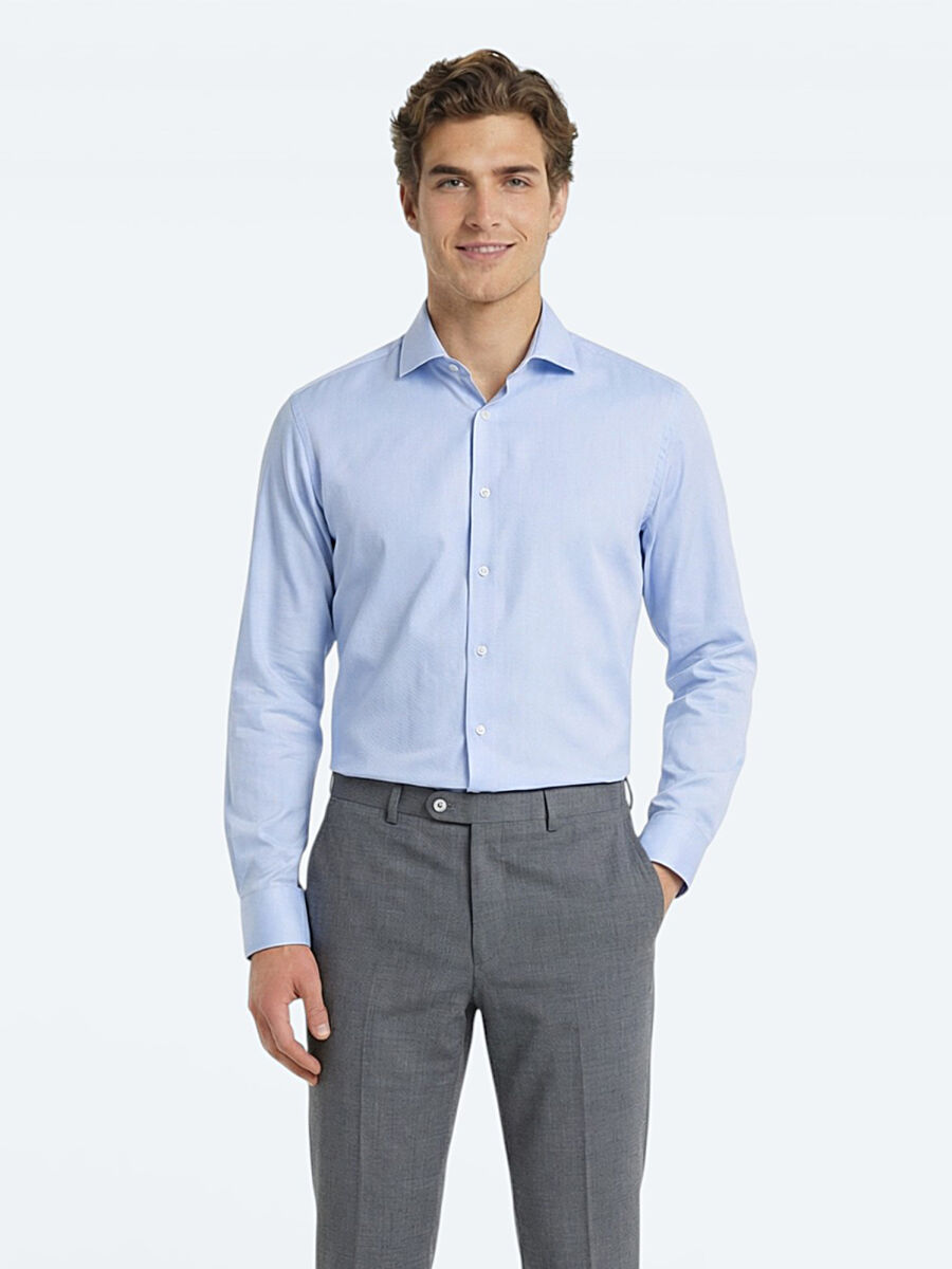 Blue Plain Regular Fit Weaving Classical 100% Cotton Shirt - 1