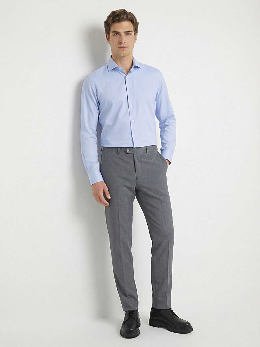 Blue Plain Regular Fit Weaving Classical 100% Cotton Shirt - 2