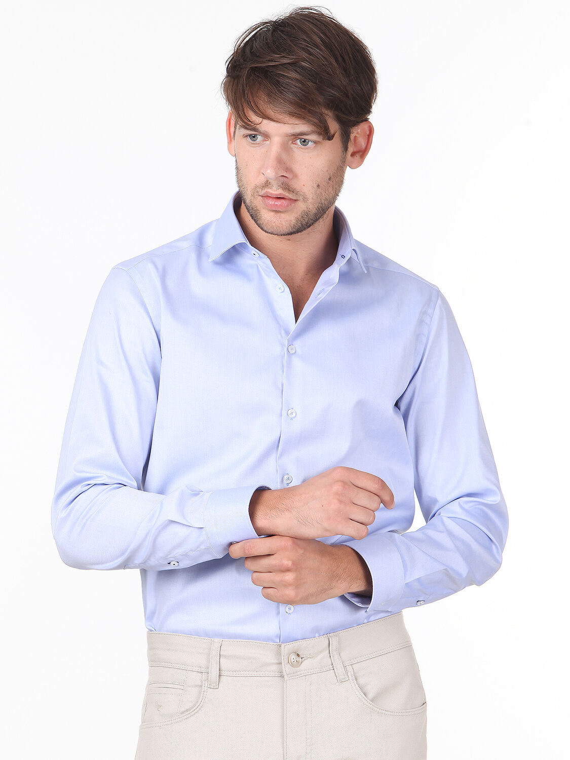 Blue Plain Regular Fit Weaving Classical 100% Cotton Shirt - 1