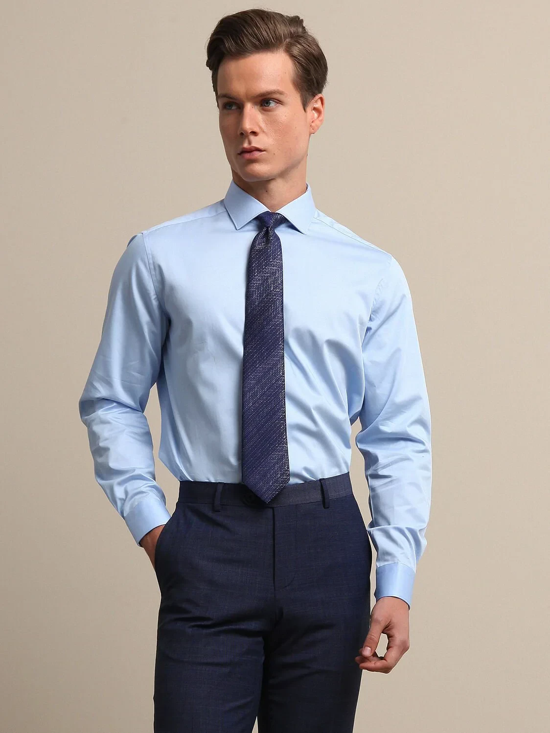 Blue Plain Regular Fit Weaving Classical 100% Cotton Shirt - 3