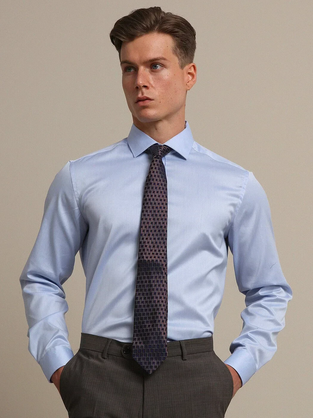 Blue Plain Regular Fit Weaving Classical 100% Cotton Shirt - 1