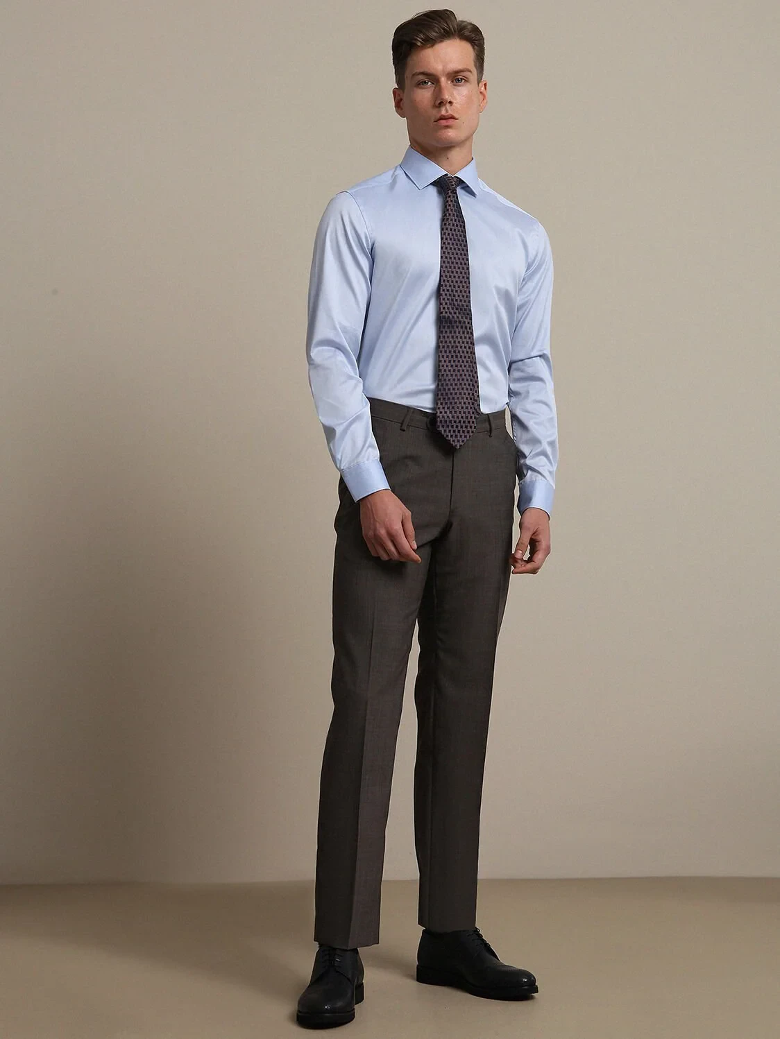 Blue Plain Regular Fit Weaving Classical 100% Cotton Shirt - 3