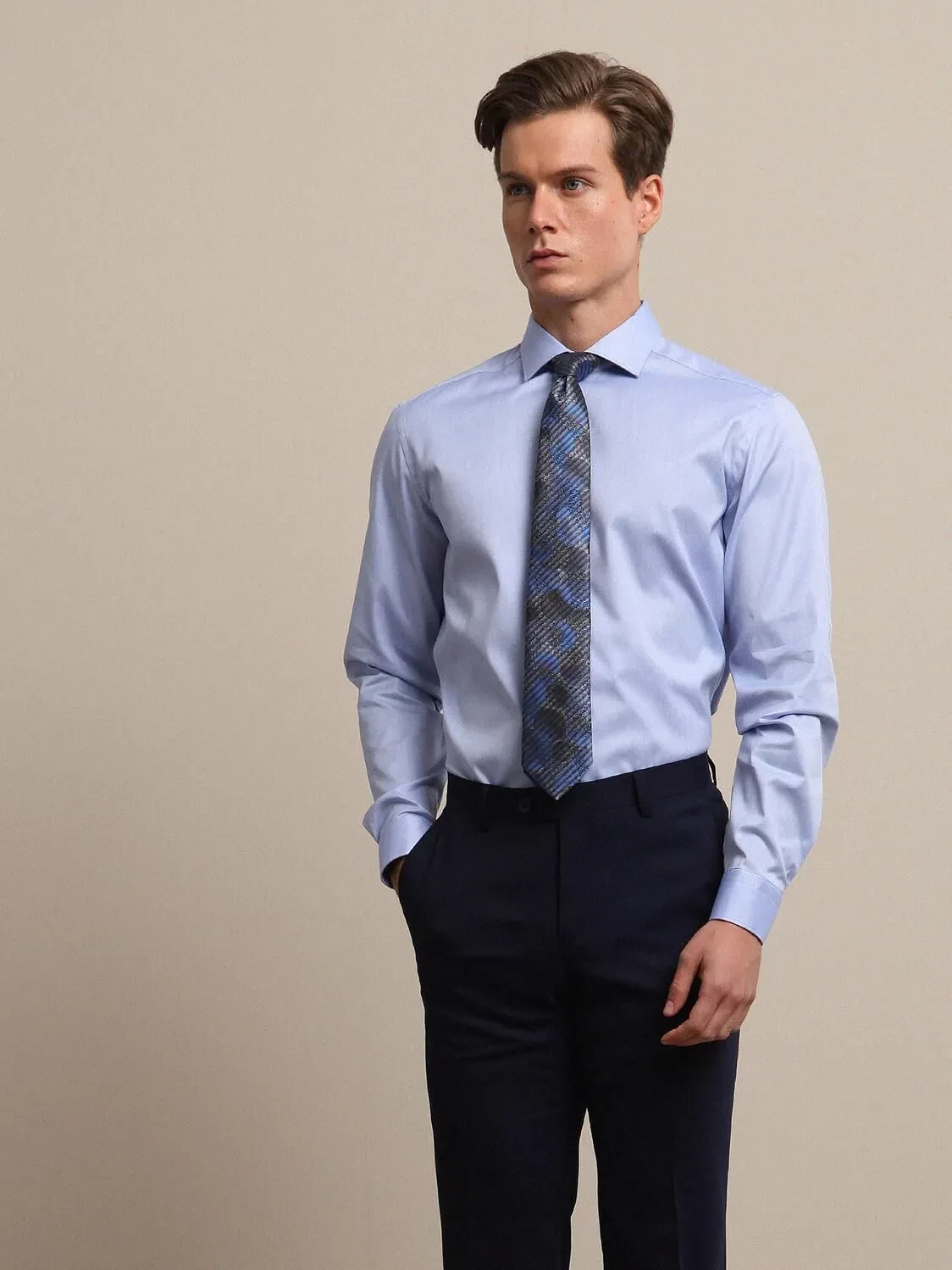 Blue Plain Regular Fit Weaving Classical 100% Cotton Shirt - 1