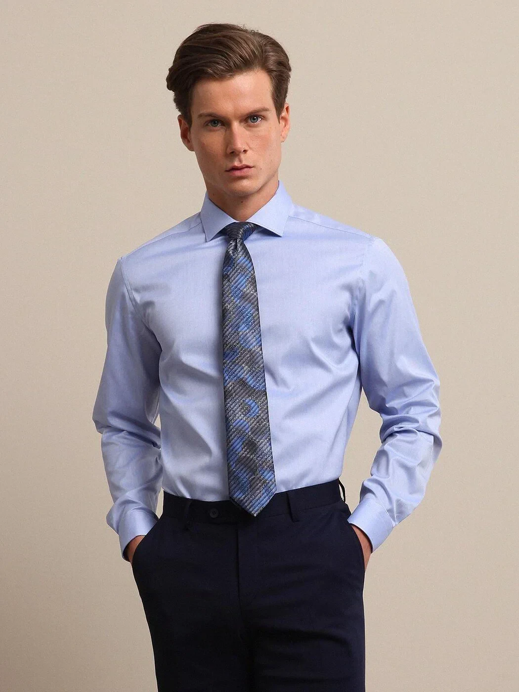 Blue Plain Regular Fit Weaving Classical 100% Cotton Shirt - 2