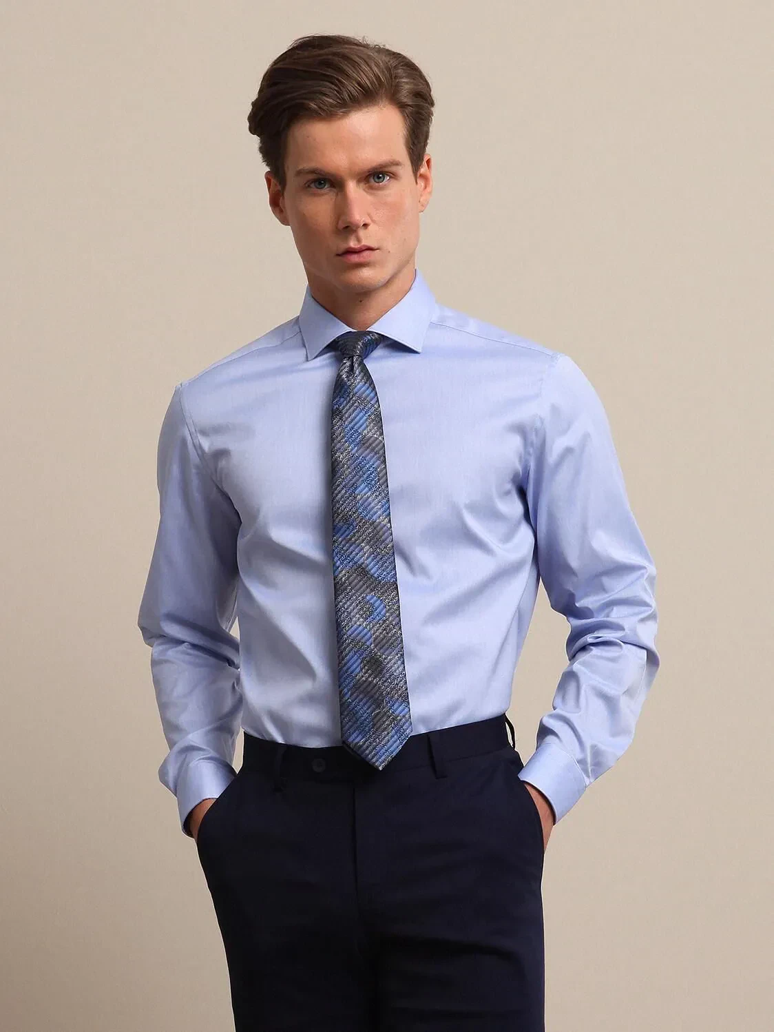 Blue Plain Regular Fit Weaving Classical 100% Cotton Shirt - 2