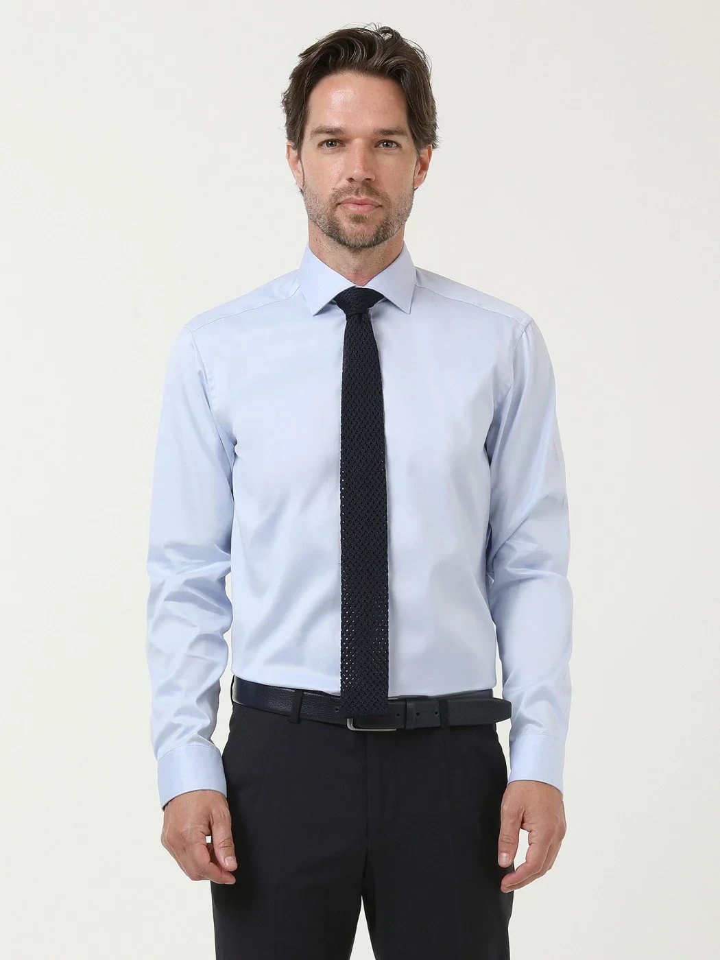 Blue Plain Regular Fit Weaving Classical 100% Cotton Shirt - 3
