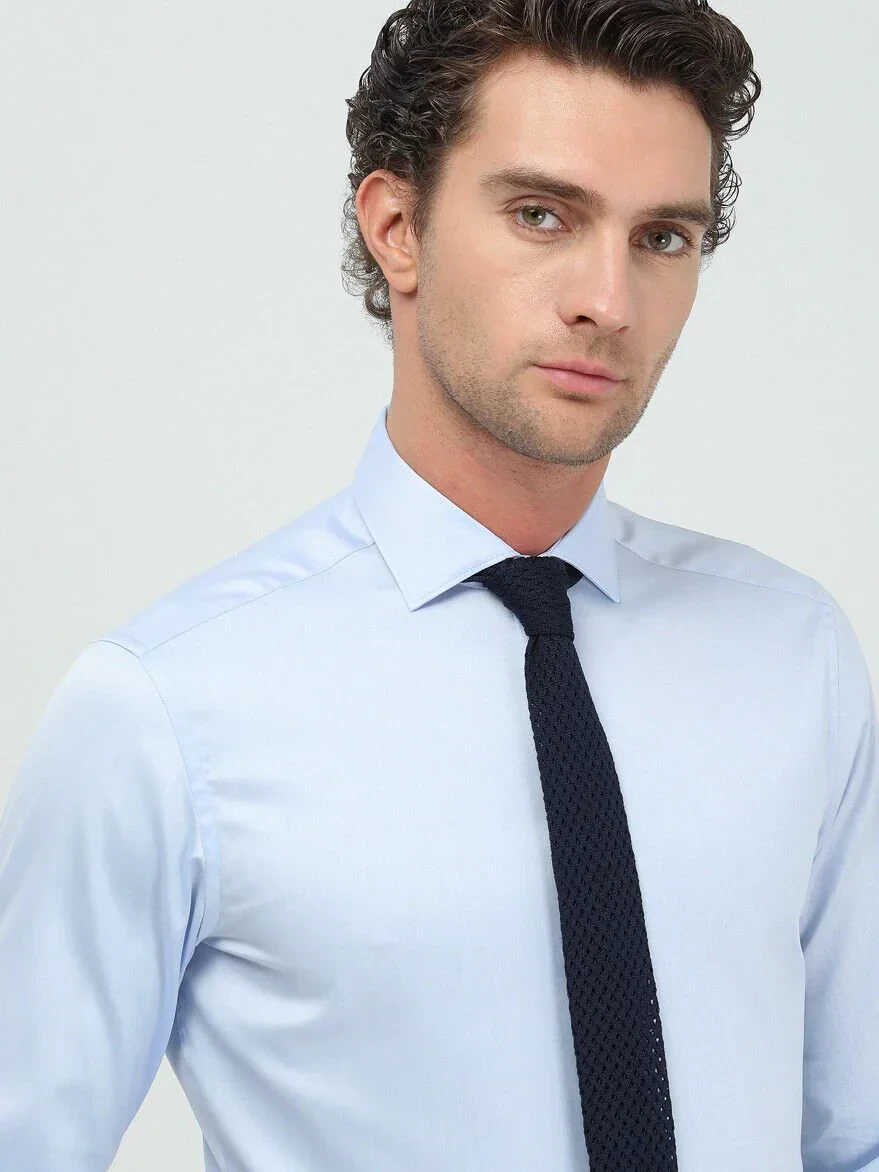 Blue Plain Regular Fit Weaving Classical 100% Cotton Shirt - 2
