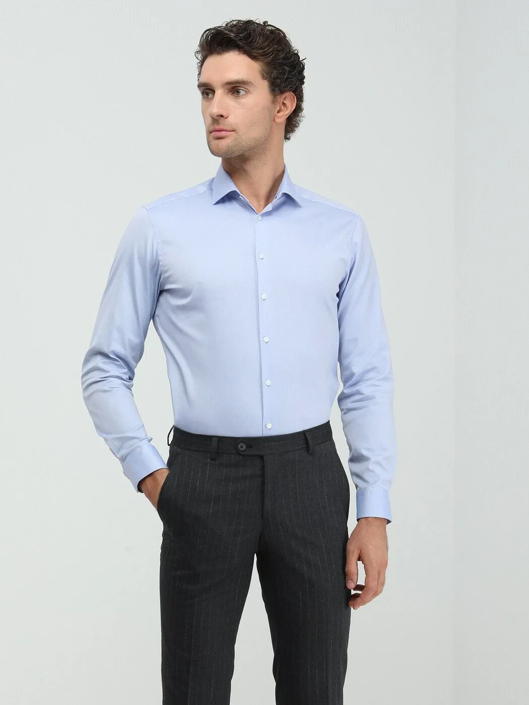 Blue Plain Regular Fit Weaving Classical 100% Cotton Shirt - 1