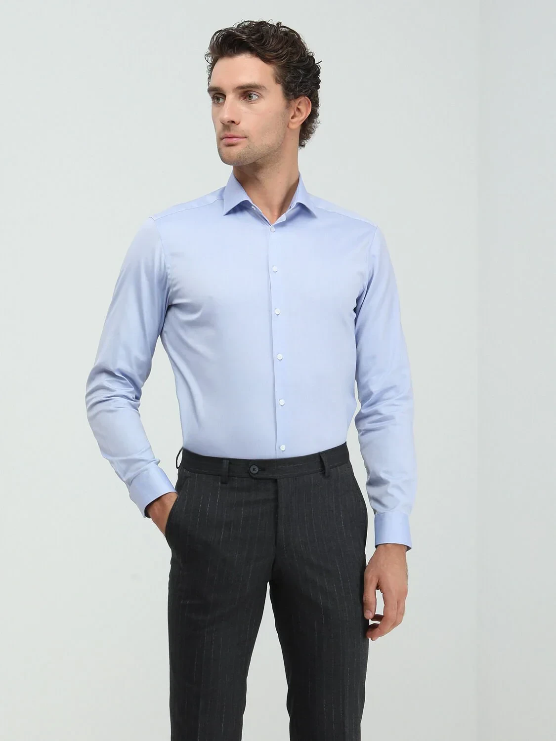 Blue Plain Regular Fit Weaving Classical 100% Cotton Shirt - 1