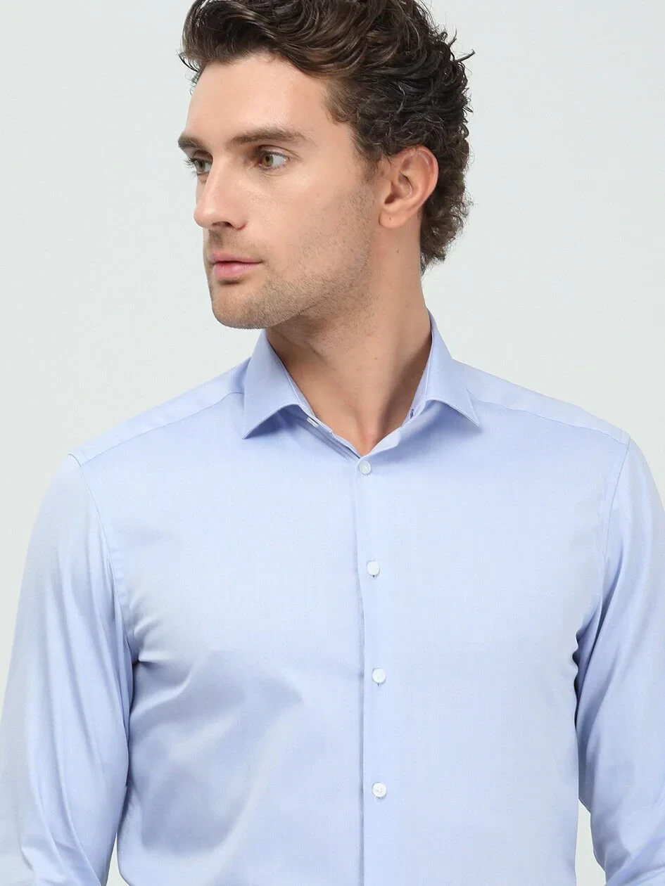 Blue Plain Regular Fit Weaving Classical 100% Cotton Shirt - 2