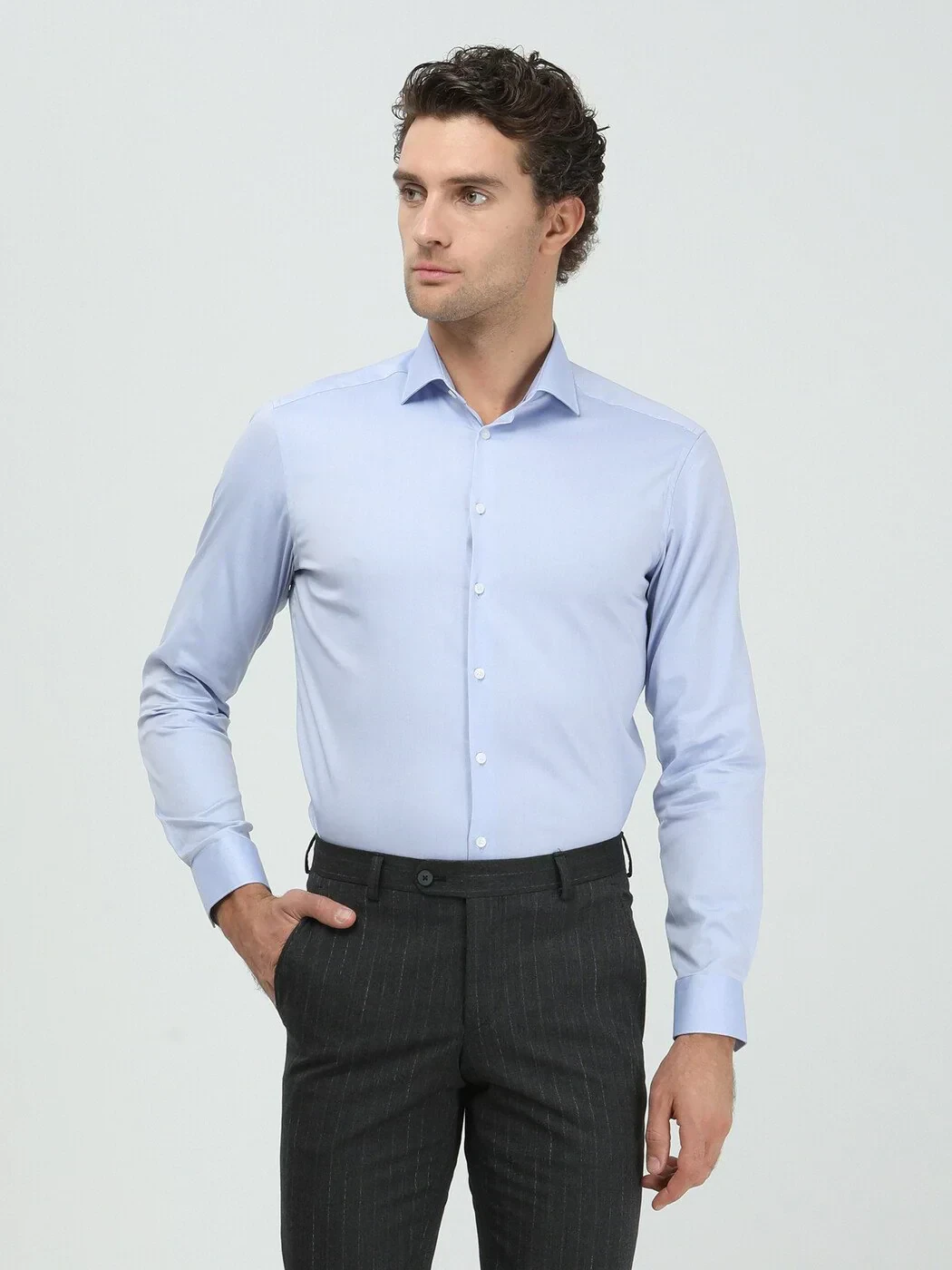 Blue Plain Regular Fit Weaving Classical 100% Cotton Shirt - 4