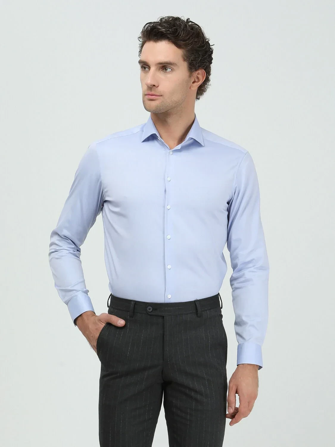 Blue Plain Regular Fit Weaving Classical 100% Cotton Shirt - 4