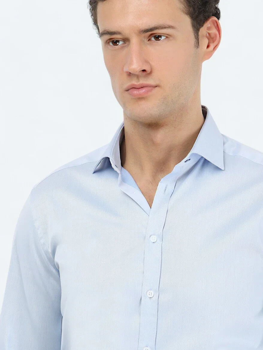 Blue Plain Regular Fit Weaving Classical 100% Cotton Shirt - 3