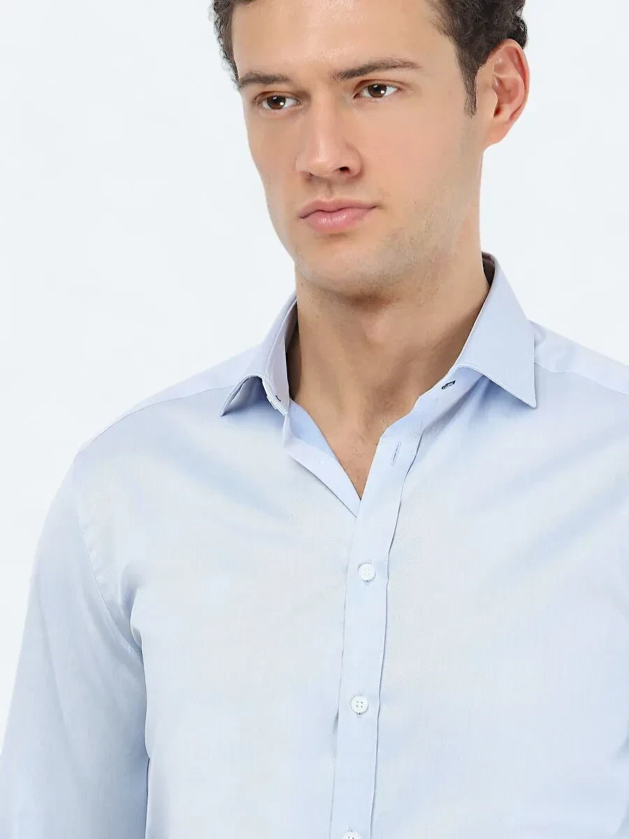 Blue Plain Regular Fit Weaving Classical 100% Cotton Shirt - 3