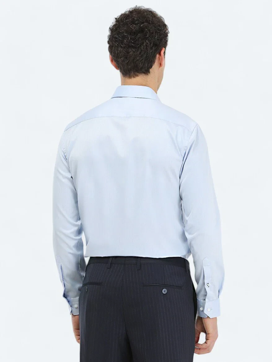 Blue Plain Regular Fit Weaving Classical 100% Cotton Shirt - 4