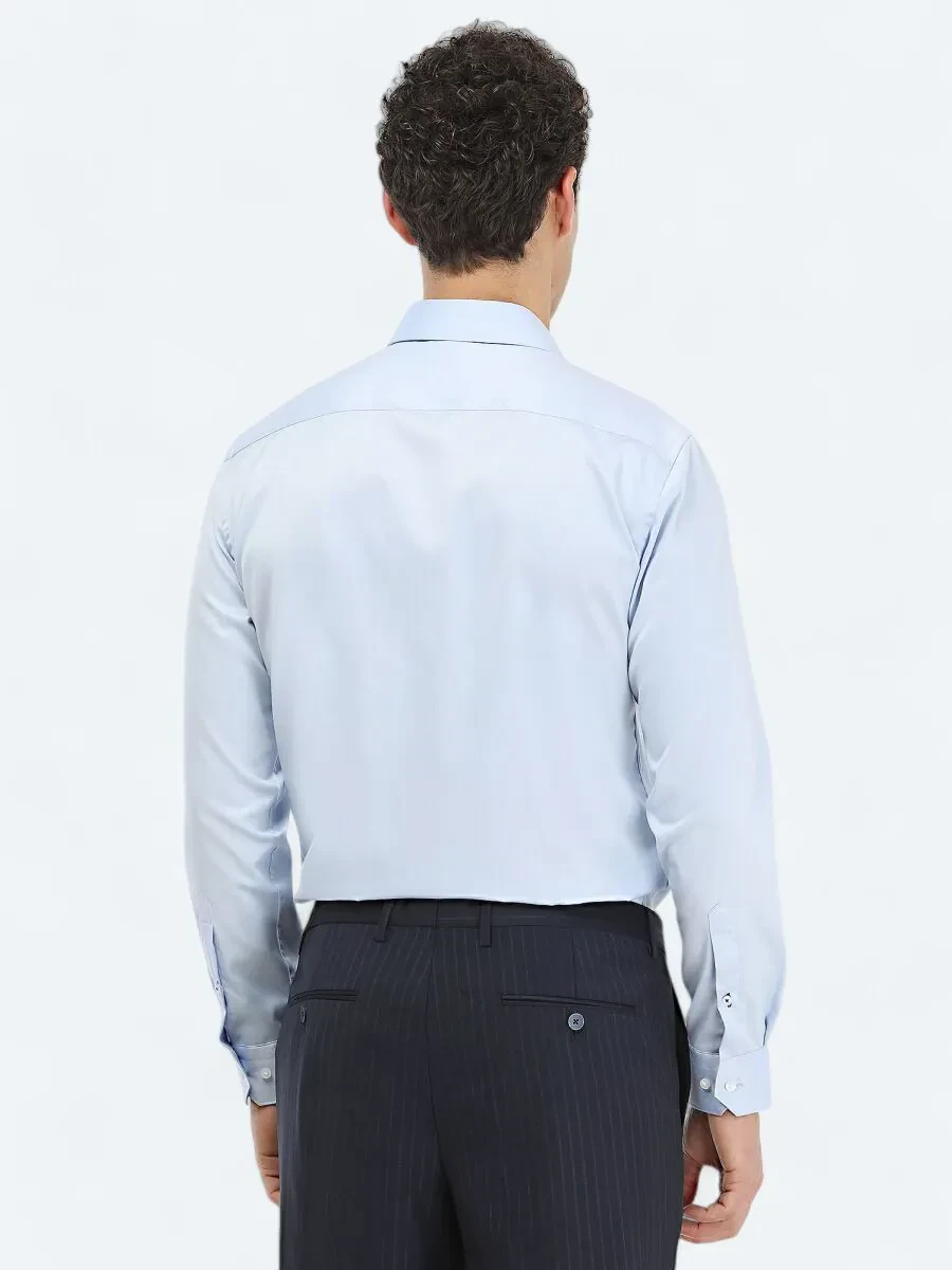 Blue Plain Regular Fit Weaving Classical 100% Cotton Shirt - 4