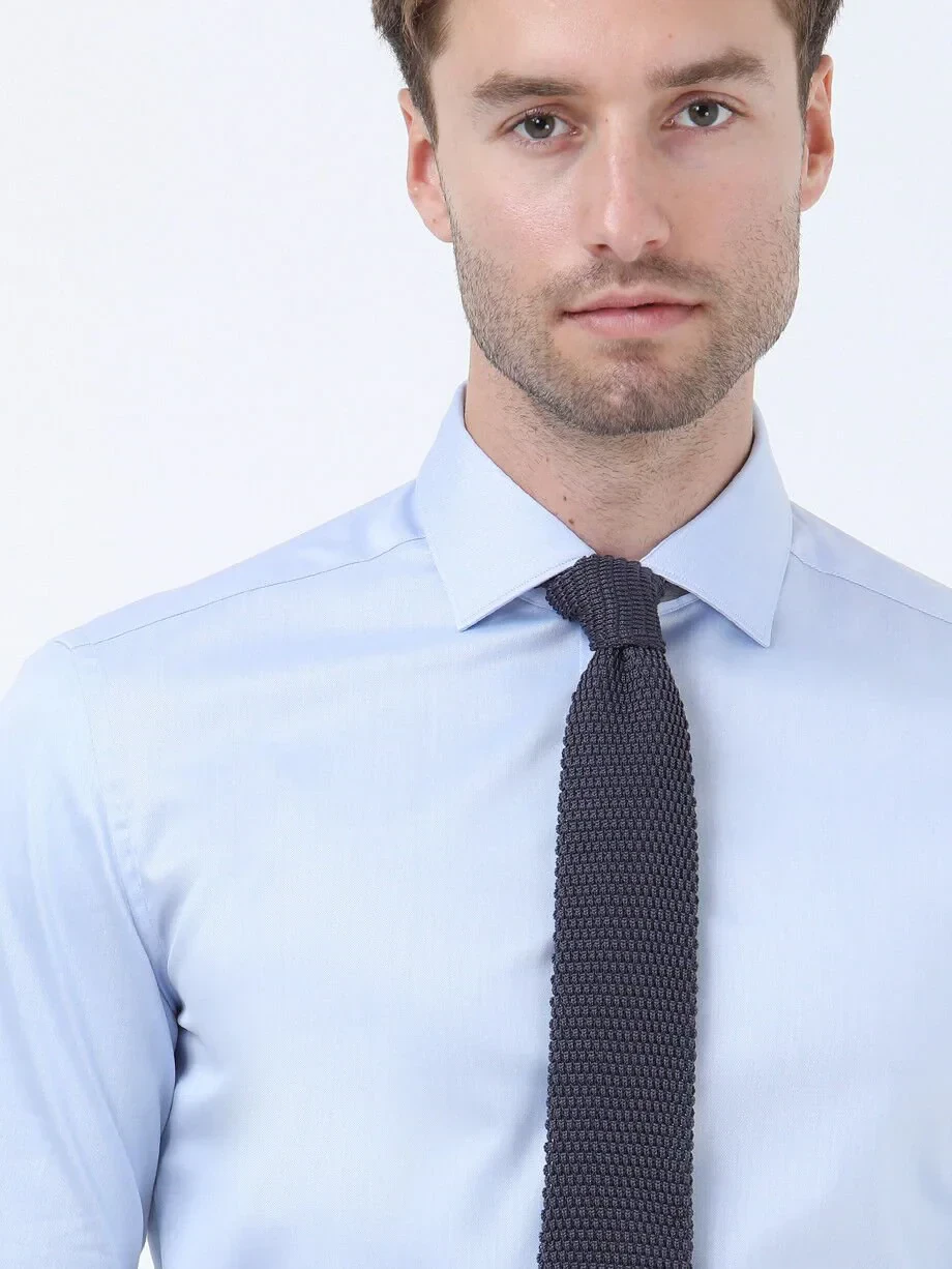 Blue Plain Regular Fit Weaving Classical 100% Cotton Shirt - 3