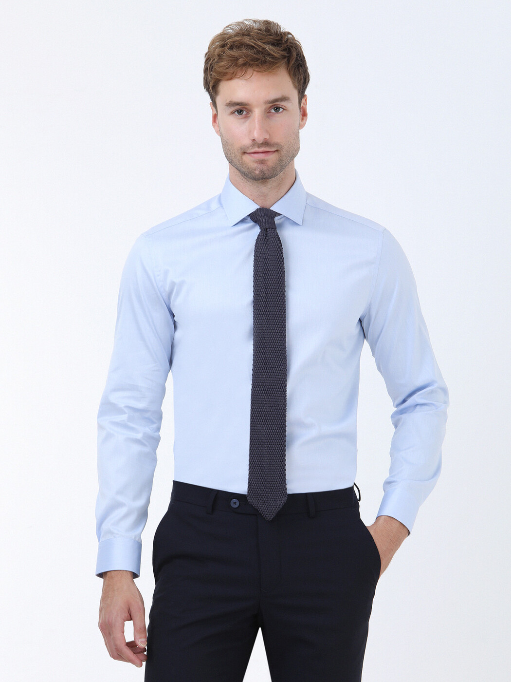 Blue Plain Regular Fit Weaving Classical 100% Cotton Shirt - 1