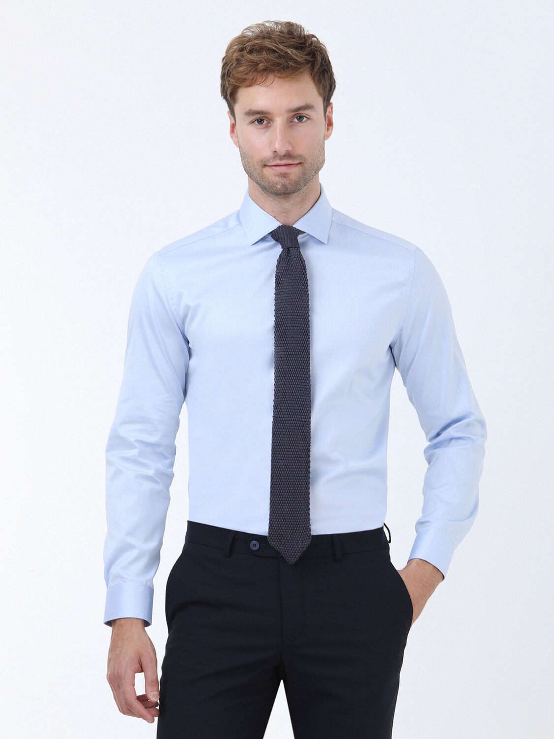 Blue Plain Regular Fit Weaving Classical 100% Cotton Shirt - 1