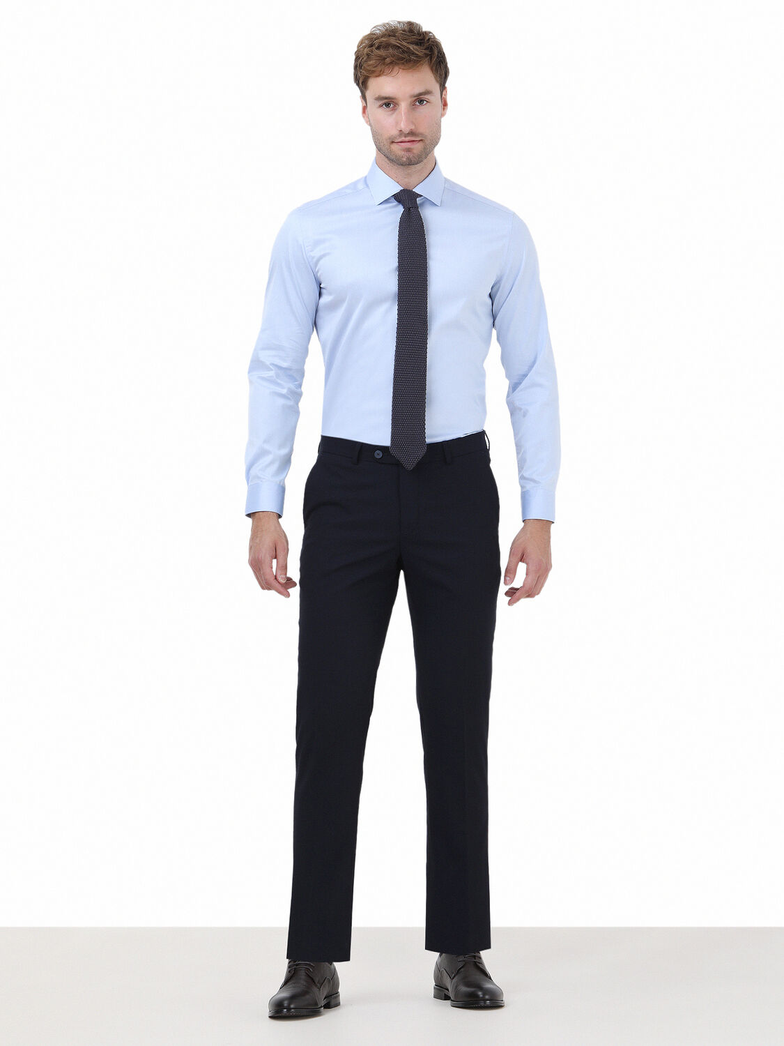 Blue Plain Regular Fit Weaving Classical 100% Cotton Shirt - 2