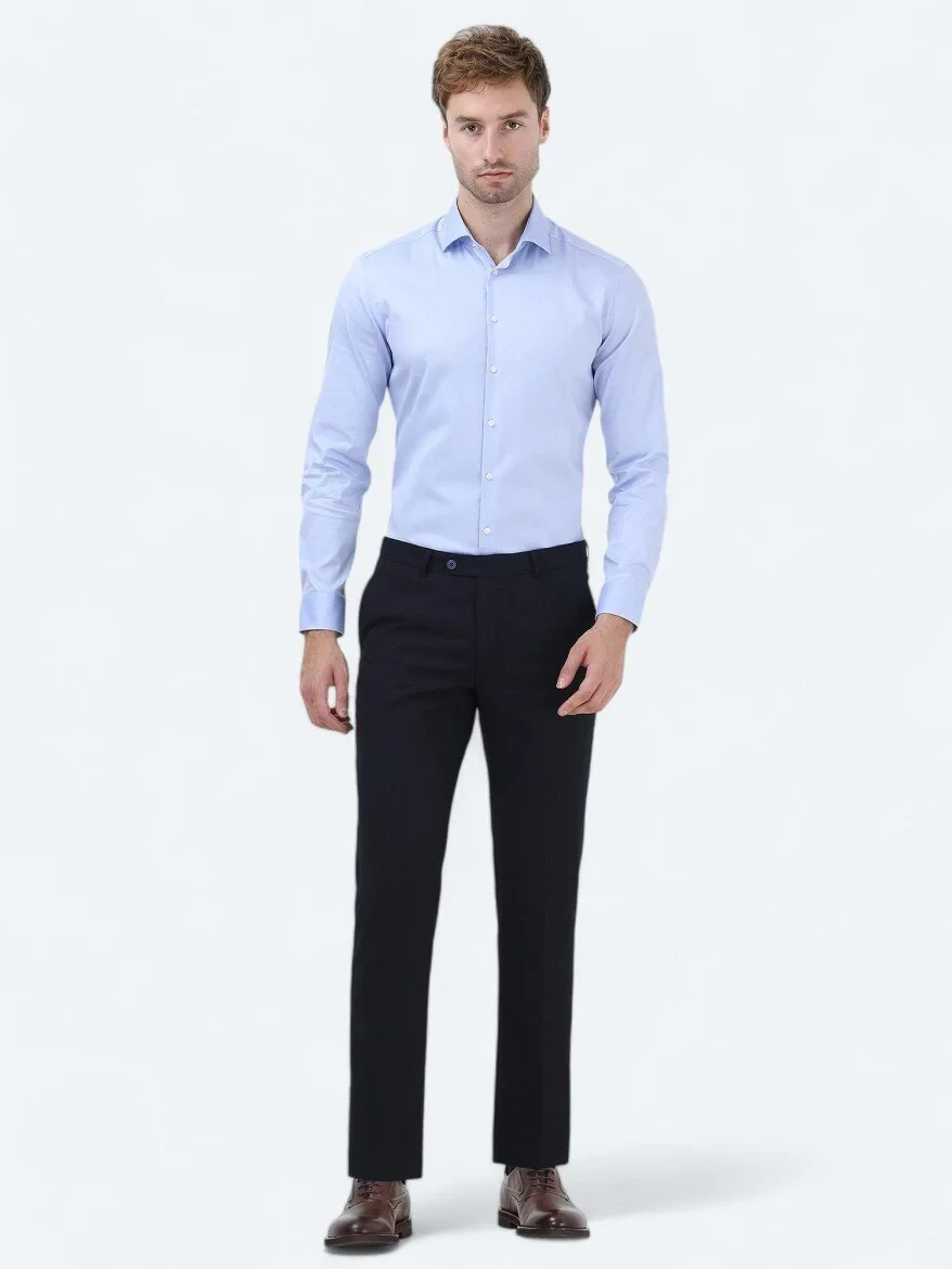 Blue Plain Regular Fit Weaving Classical 100% Cotton Shirt - 2