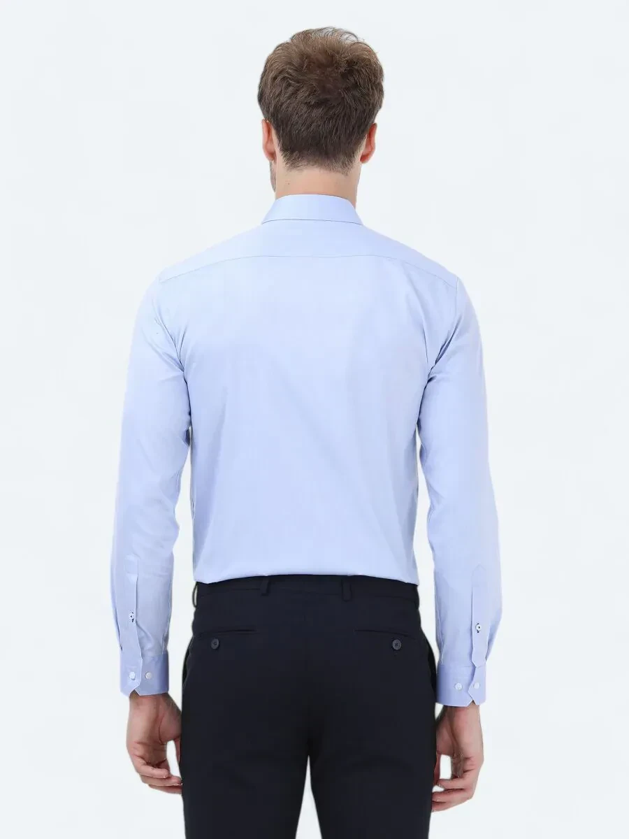 Blue Plain Regular Fit Weaving Classical 100% Cotton Shirt - 4