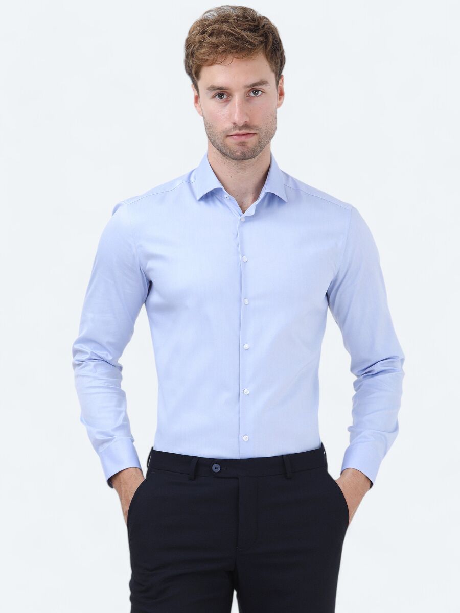 Blue Plain Regular Fit Weaving Classical 100% Cotton Shirt - 1