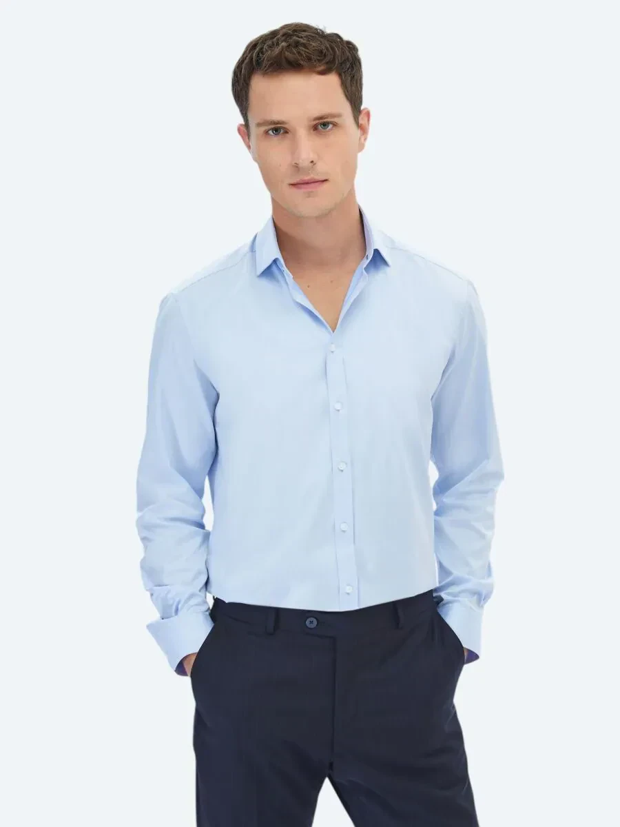 Blue Plain Regular Fit Weaving Classical 100% Cotton Shirt - 1