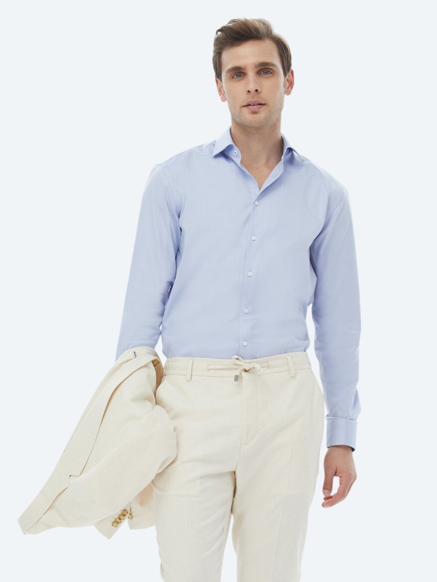 Blue Plain Regular Fit Weaving Classical 100% Cotton Shirt - 1