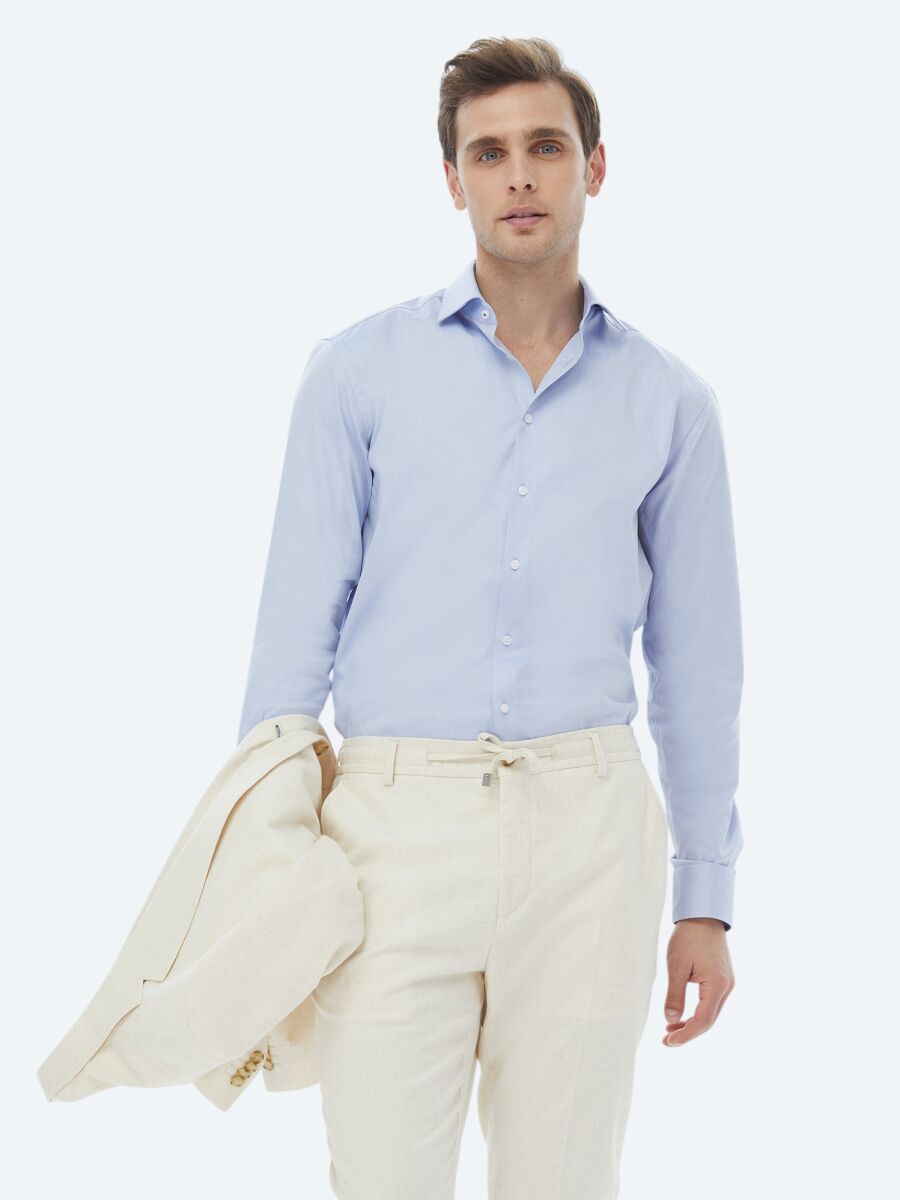 Blue Plain Regular Fit Weaving Classical 100% Cotton Shirt - 1