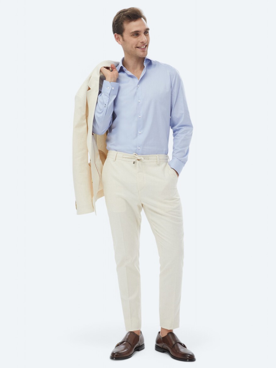 Blue Plain Regular Fit Weaving Classical 100% Cotton Shirt - 2