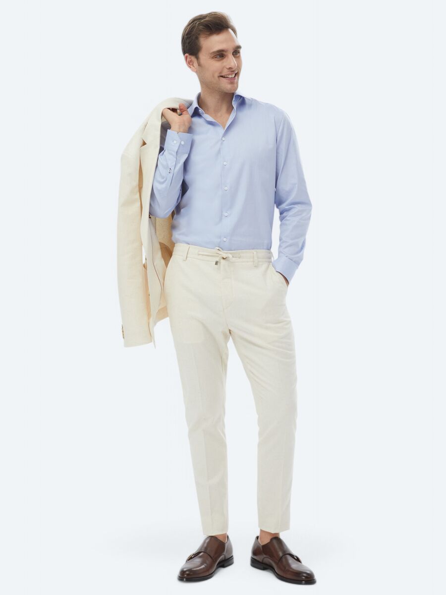 Blue Plain Regular Fit Weaving Classical 100% Cotton Shirt - 2