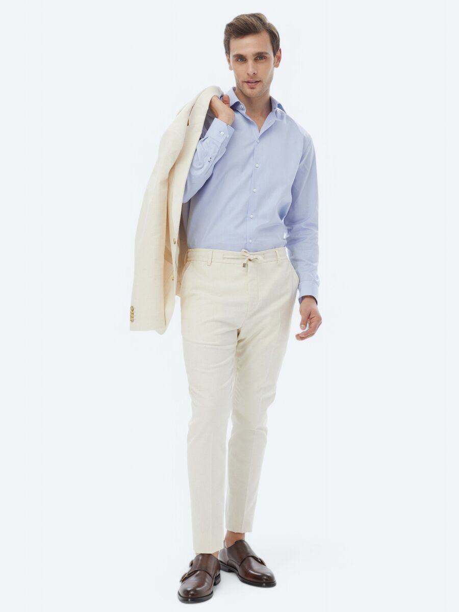 Blue Plain Regular Fit Weaving Classical 100% Cotton Shirt - 3