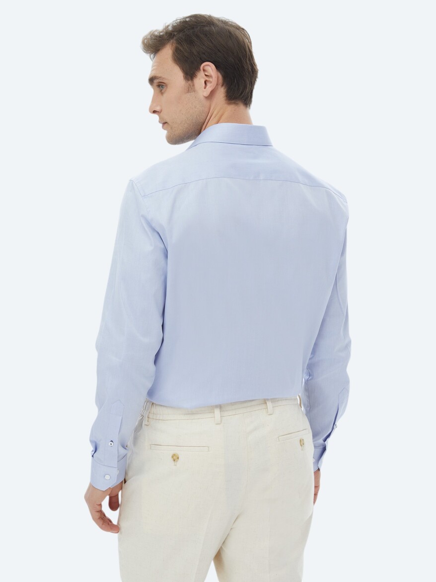 Blue Plain Regular Fit Weaving Classical 100% Cotton Shirt - 7