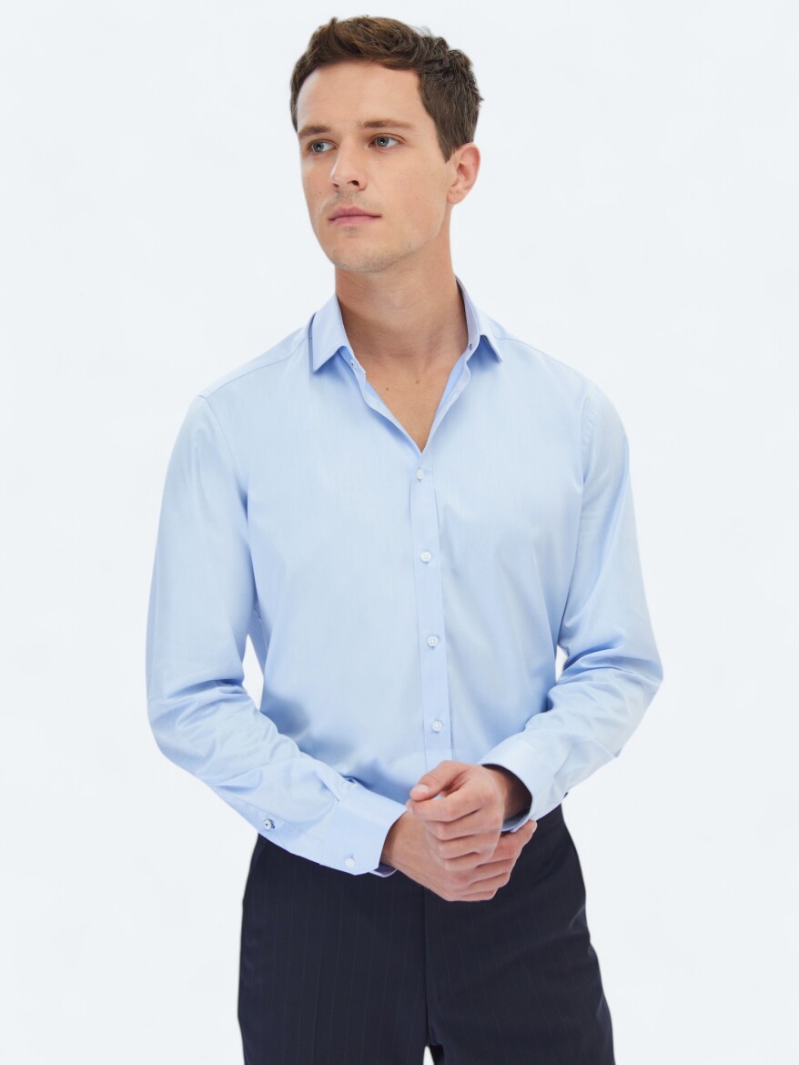 Blue Plain Regular Fit Weaving Classical 100% Cotton Shirt - 1