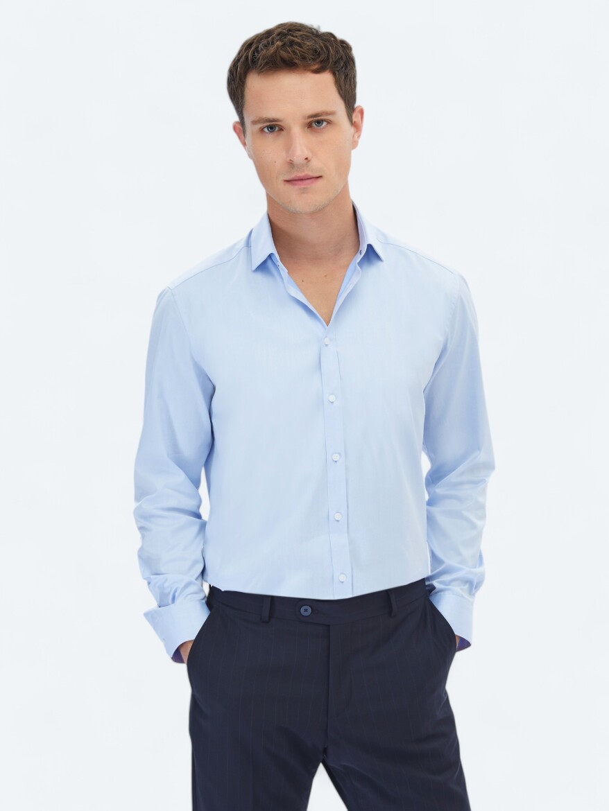 Blue Plain Regular Fit Weaving Classical 100% Cotton Shirt - 3