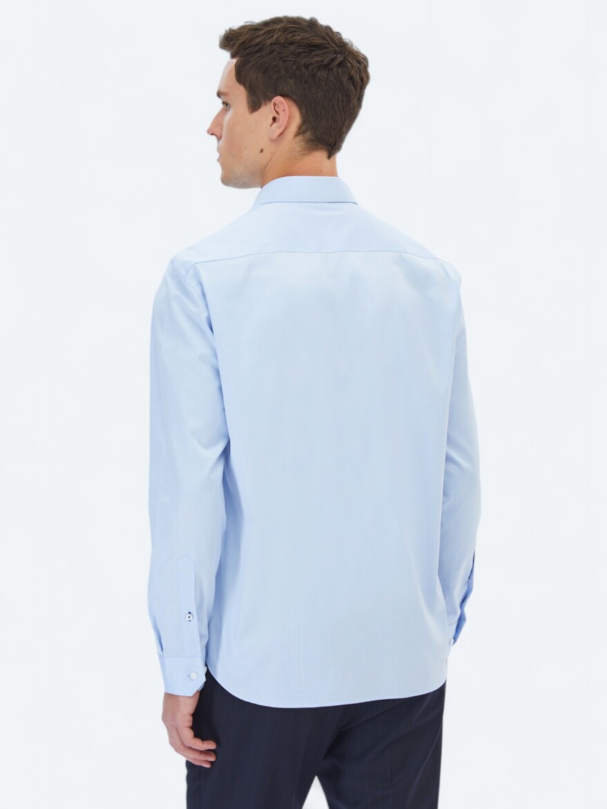 Blue Plain Regular Fit Weaving Classical 100% Cotton Shirt - 5